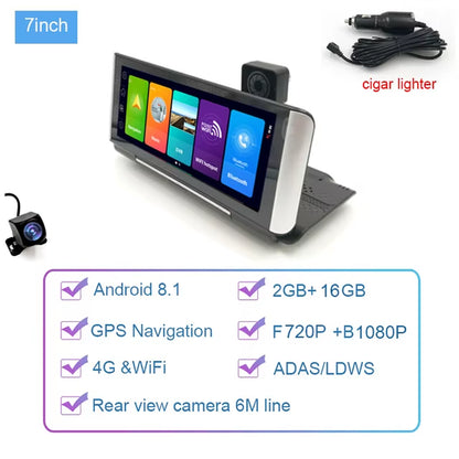7 Inch 4G Android 8.1 Car DVR 2GB+32GB GPS Navigator ADAS Car Video Recorder Dual Lens Dashboard Camera Parking Monitor